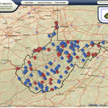 Outline of West Virginia with blue and red icons